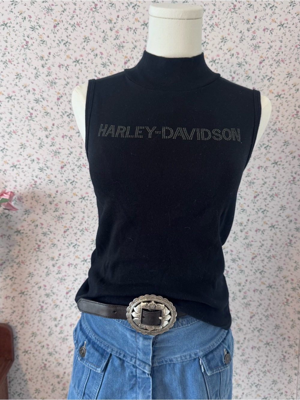 Harley-Davidson Black Sleeveless Mock Neck Tank with Rhinestone Logo